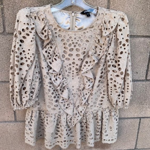 Express Tops - Eyelet Ruffled Peplum Blouse in Neutral - Size L